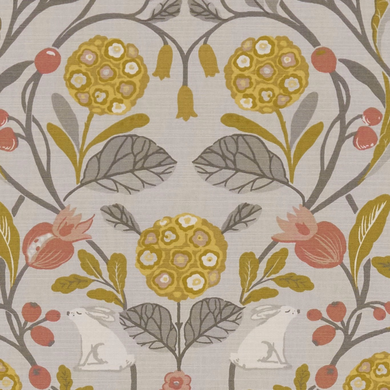 Ochre, coral and grey botanical fabric with deer and flower motifs