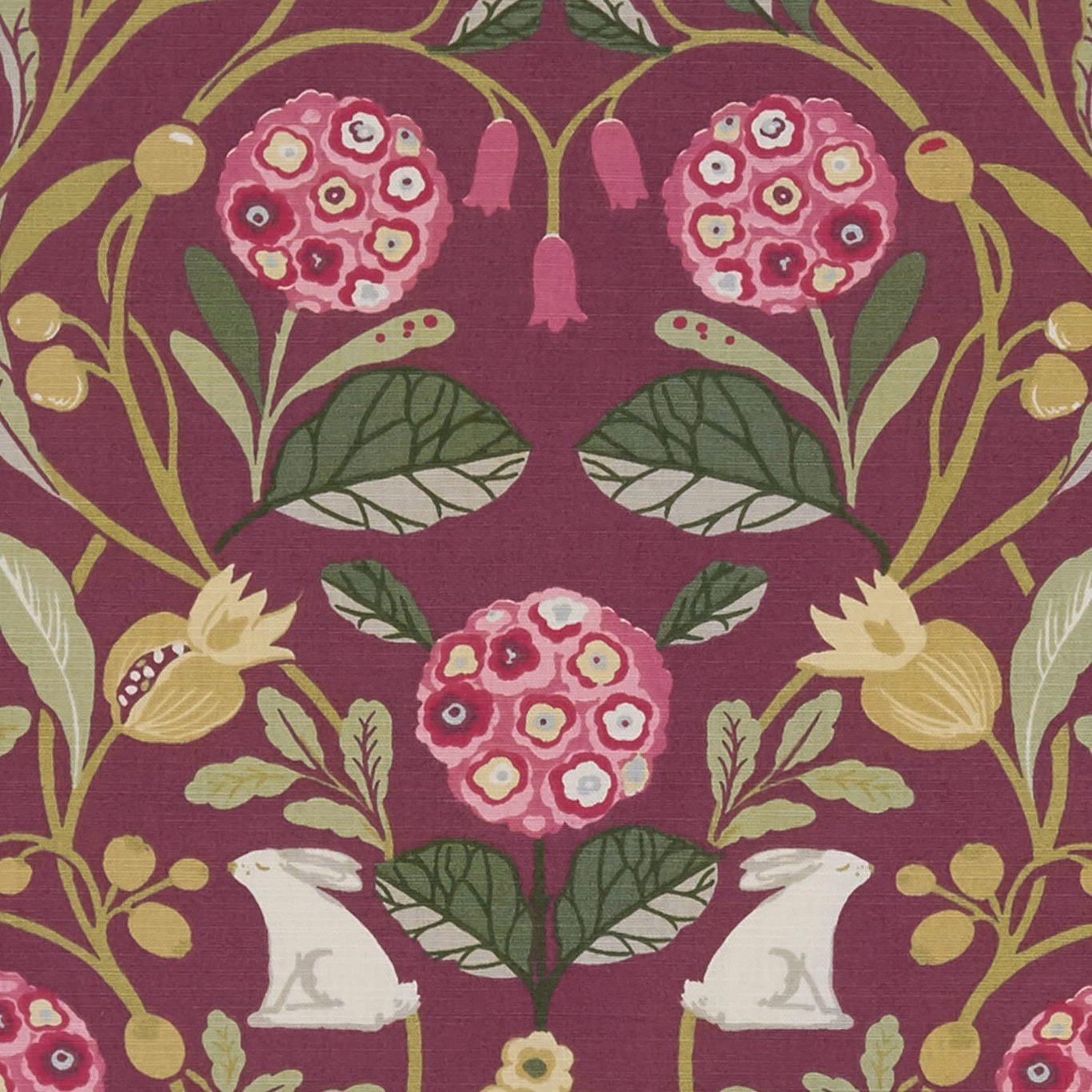 Deep plum botanical fabric with pink flower heads, olive leaves and pale ornamental figures