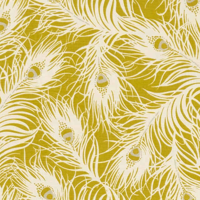Chartreuse woven fabric with ivory peacock feathers and olive-grey eye details