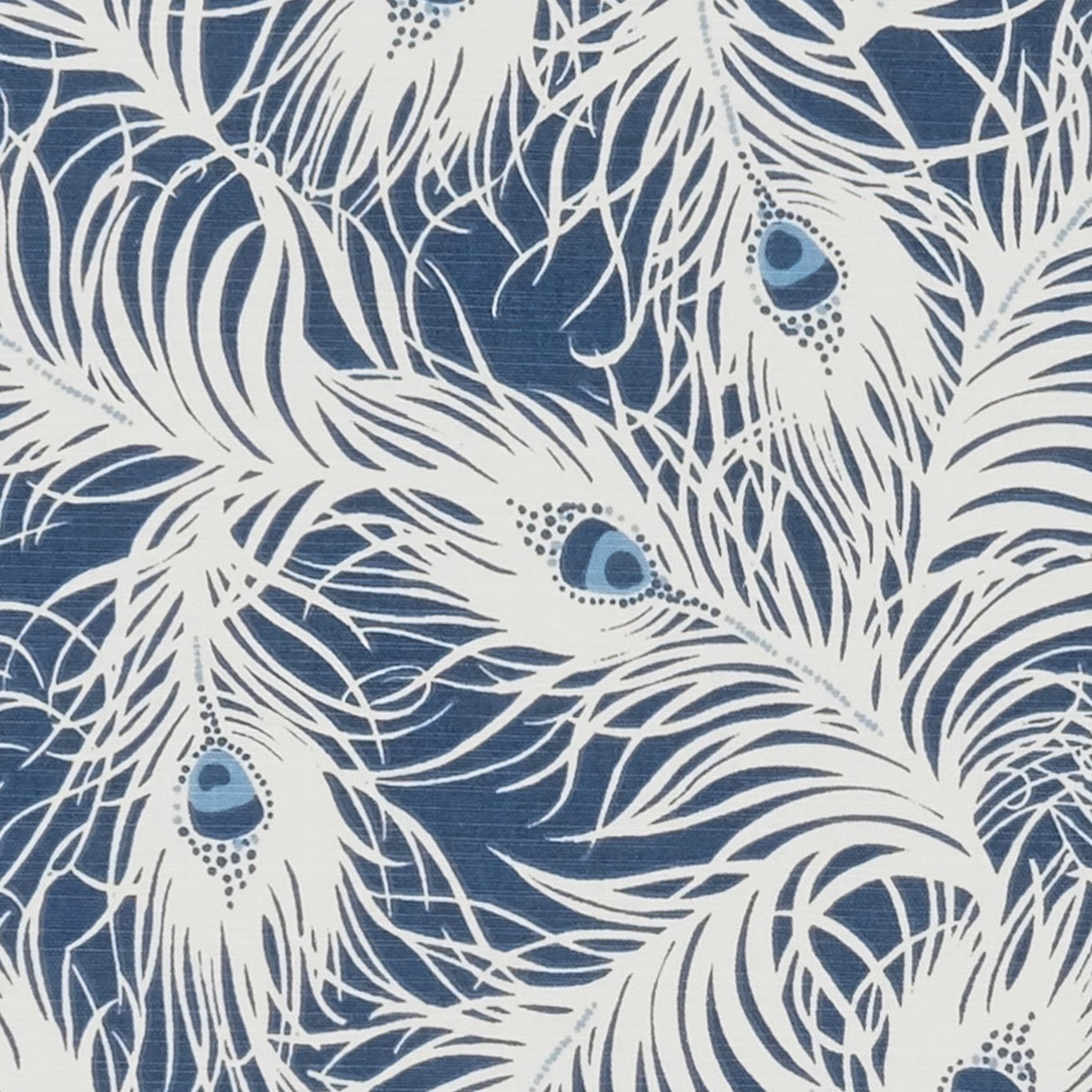 Denim-blue ground with ivory peacock feathers, dotted eyes and fine sweeping lines