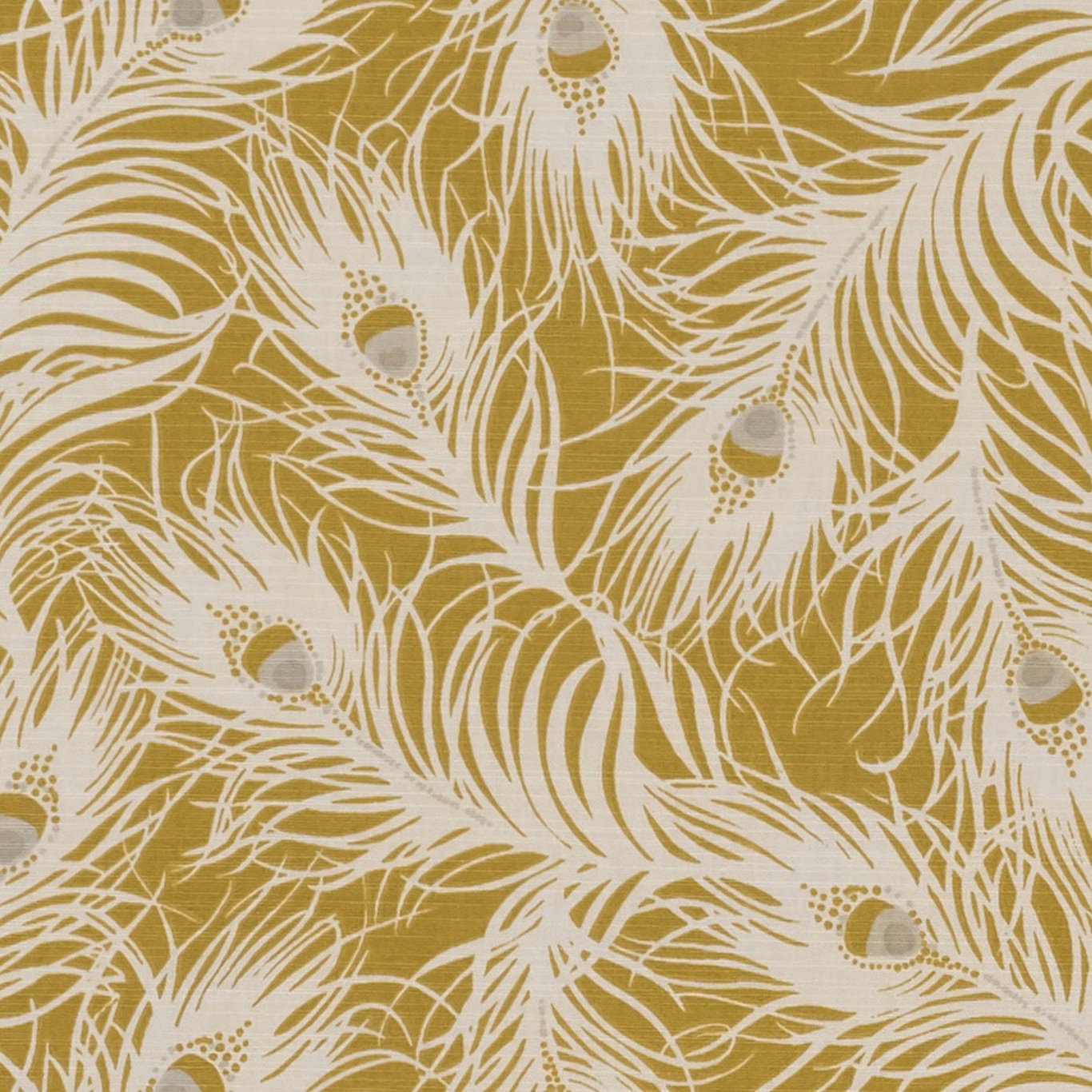 Warm ochre fabric with sweeping ivory feathers and rounded seed details