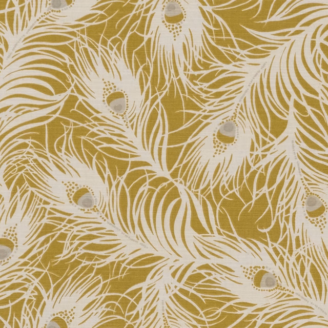 Warm ochre fabric with sweeping ivory feathers and rounded seed details