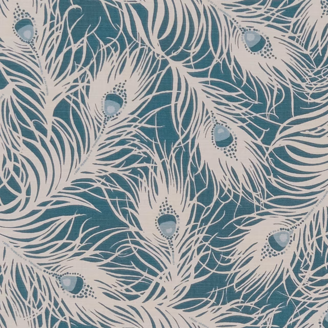 Muted teal fabric with ivory peacock feathers and dotted blue-green eye motifs