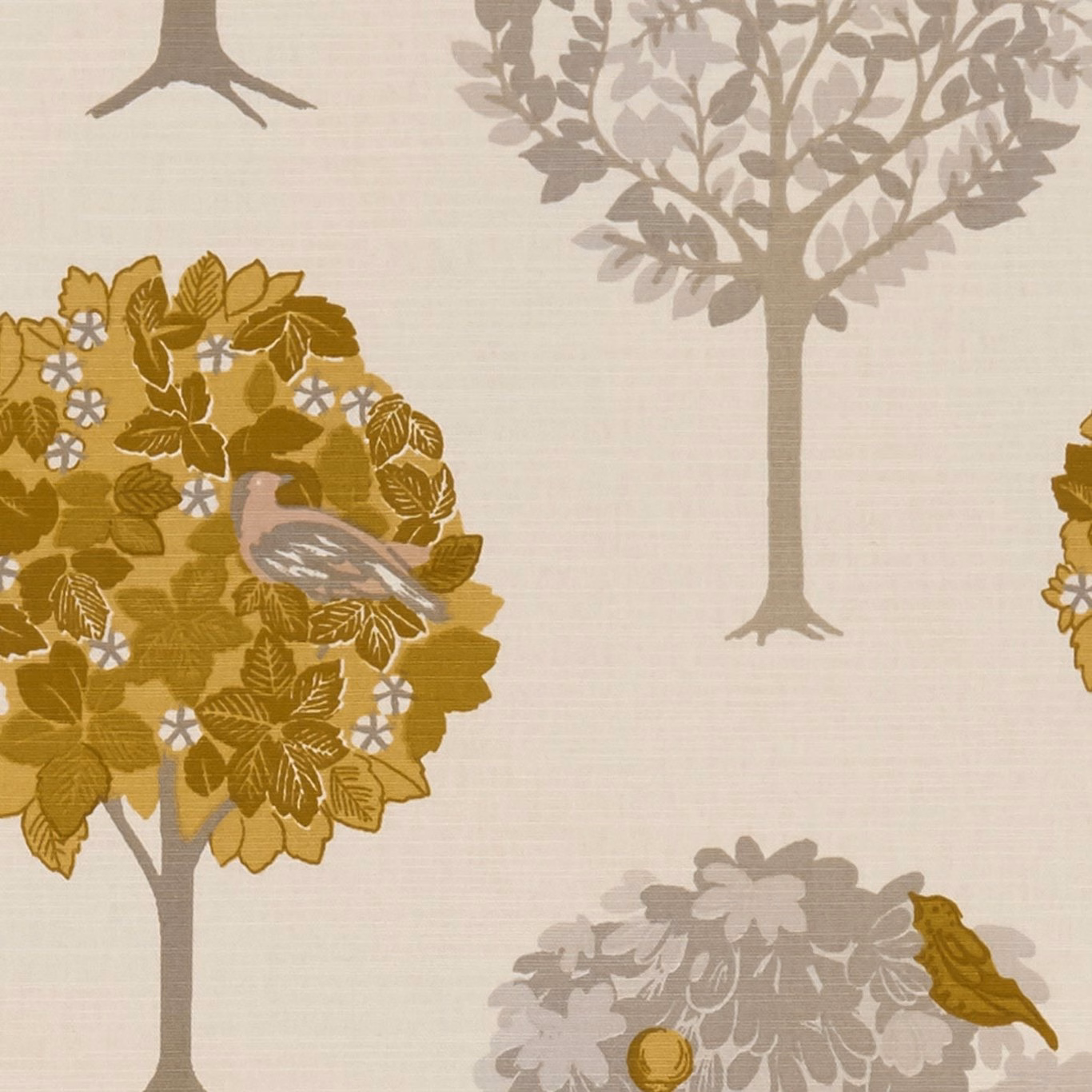 Mustard ochre and taupe woodland trees with birds on a cream woven ground