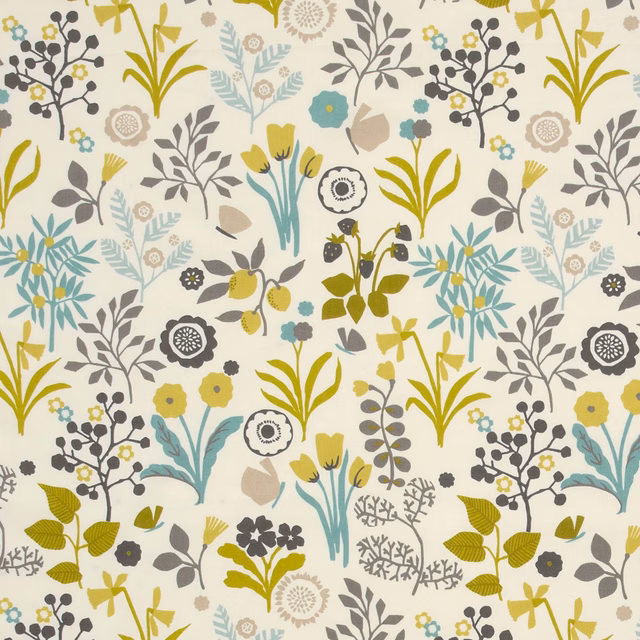 Cream botanical fabric with charcoal branches, chartreuse leaves and pale aqua stems