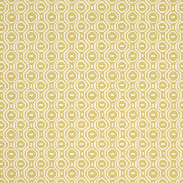 Muted olive and ivory woven fabric with repeating outlined octagonal geometric motifs