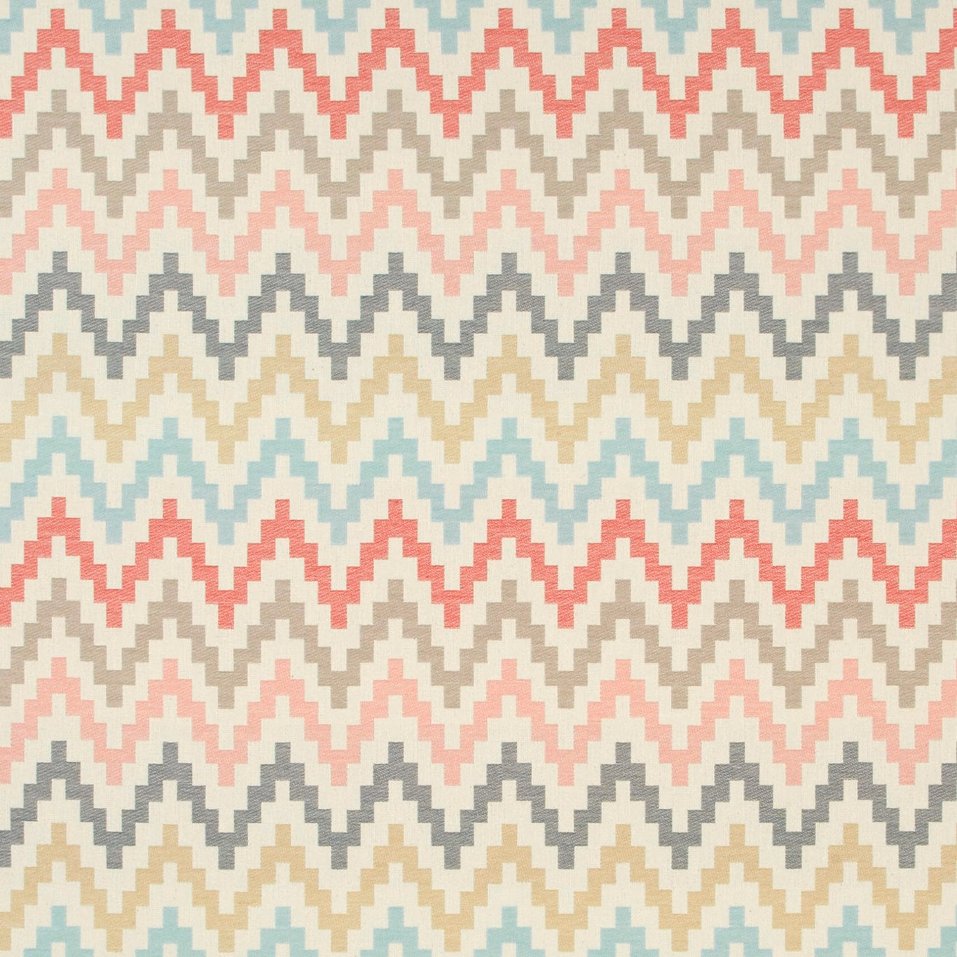 Pastel woven zigzag fabric with coral, aqua, grey and beige chevrons