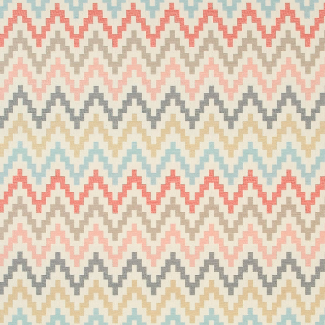 Pastel woven zigzag fabric with coral, aqua, grey and beige chevrons