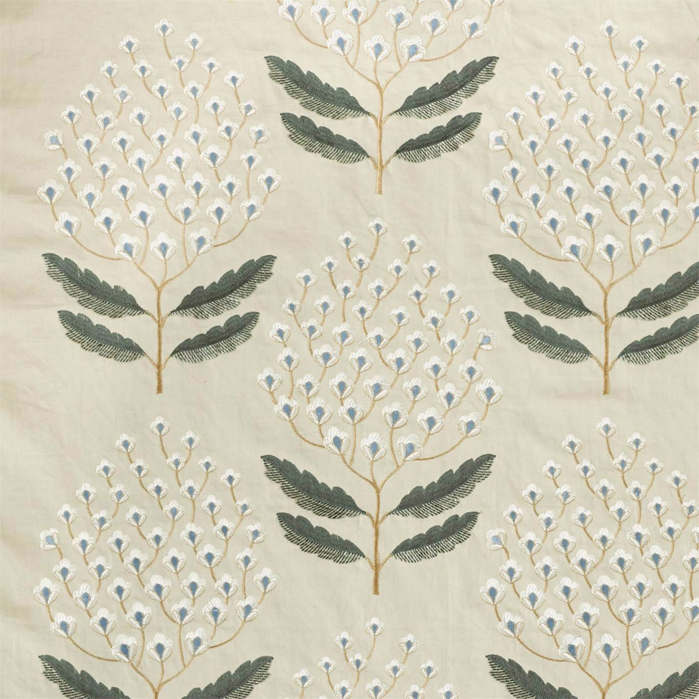 Cream botanical fabric with fern-like green motifs and tiny blue flower heads
