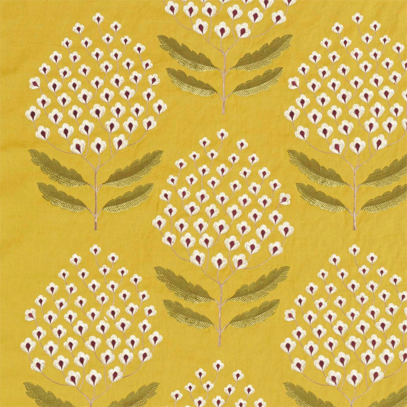 Yellow botanical fabric with white and red stylised flowers and olive leaves