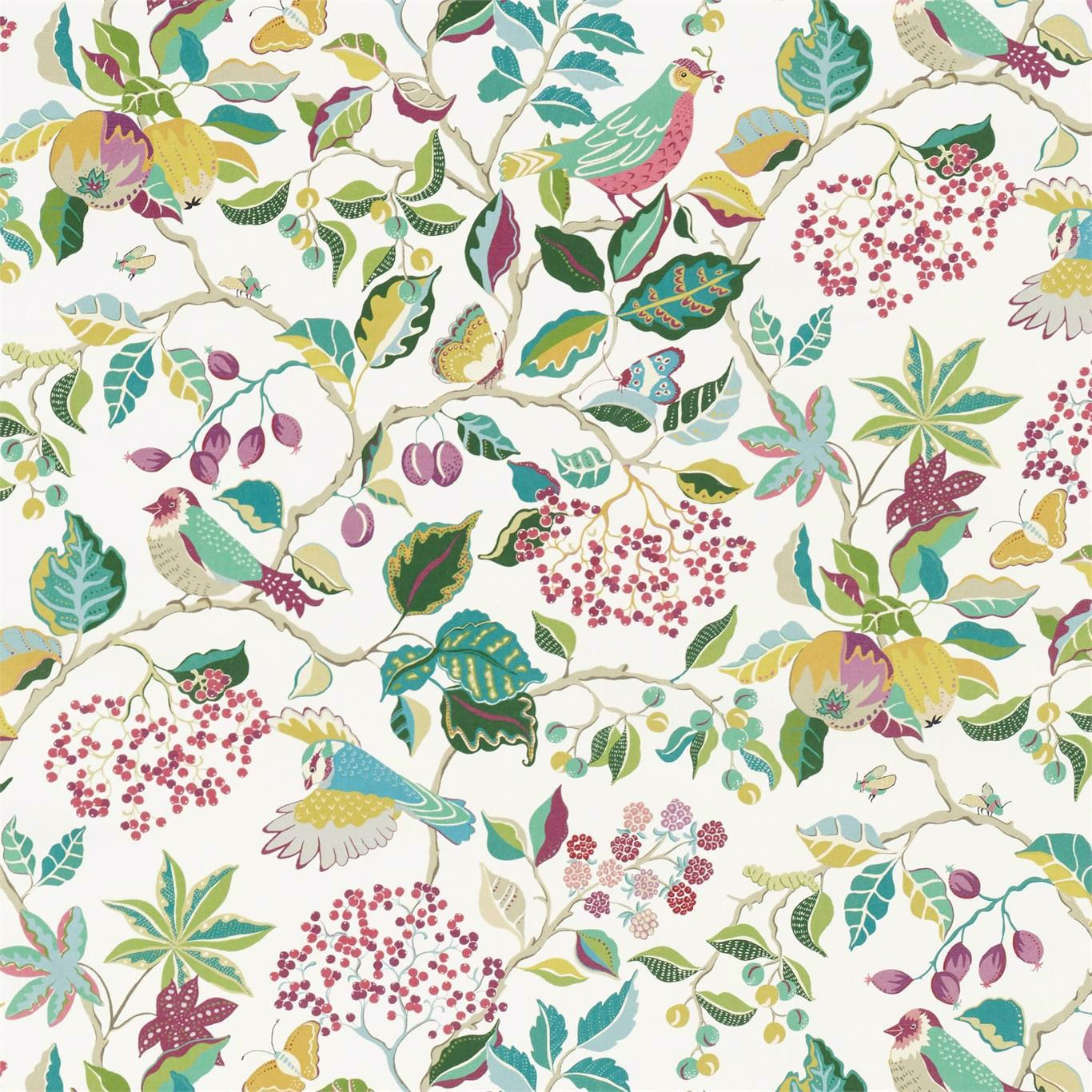 Multicoloured birds, leaves and berry clusters on a pale ground