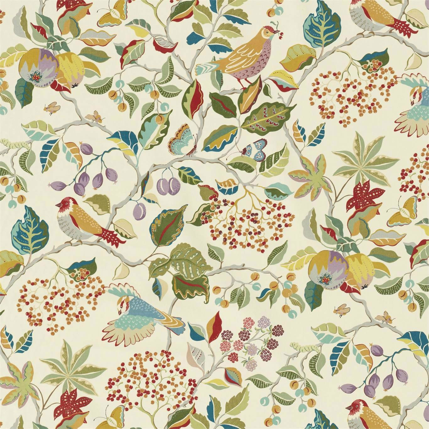Cream fabric swatch with multicoloured birds, berries and leafy branches