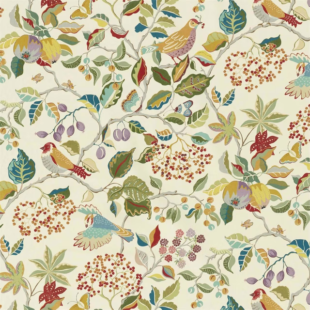 Cream fabric swatch with multicoloured birds, berries and leafy branches