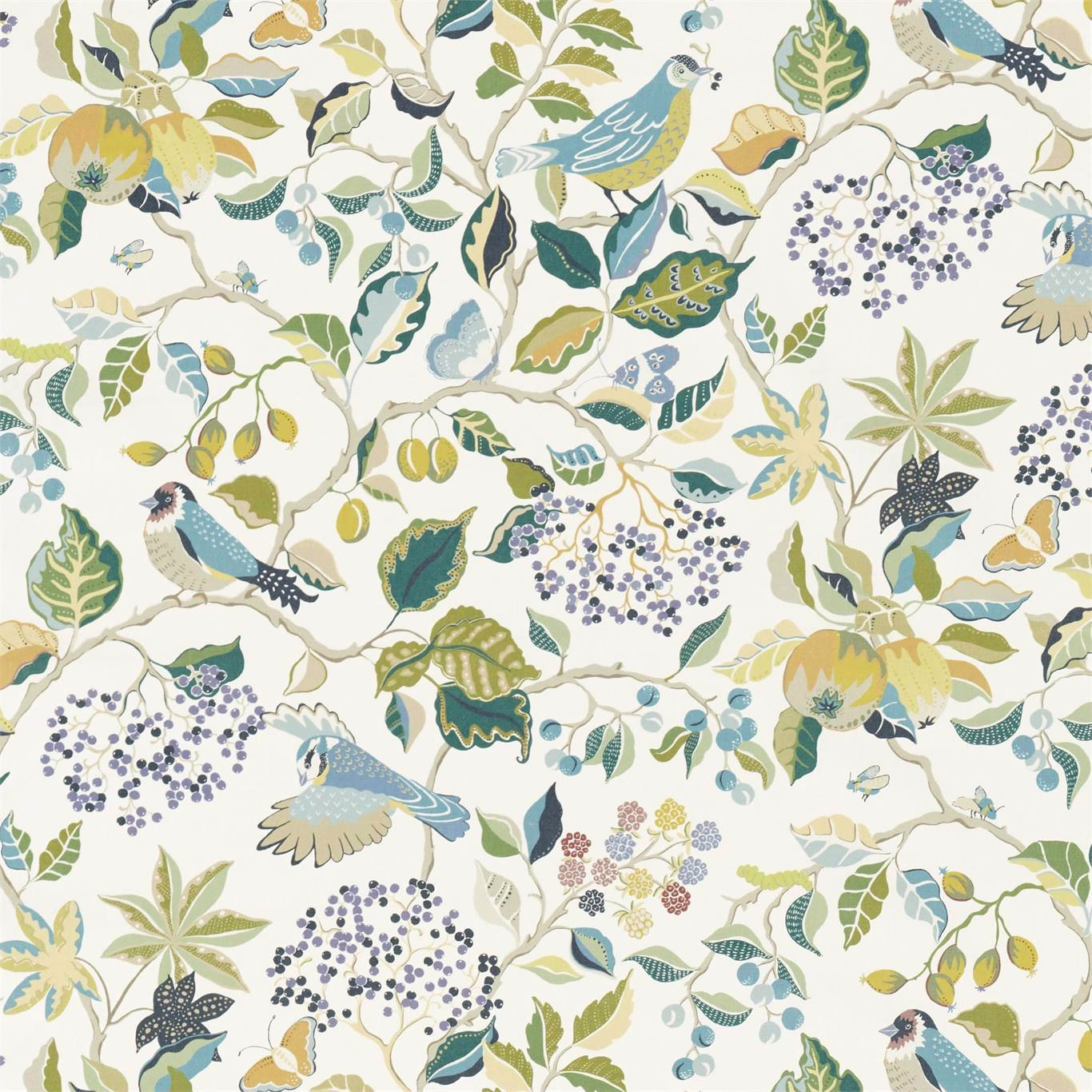 Printed woodland birds and berries in soft blue, sage and yellow-green on ivory ground