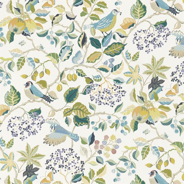 Printed woodland birds and berries in soft blue, sage and yellow-green on ivory ground