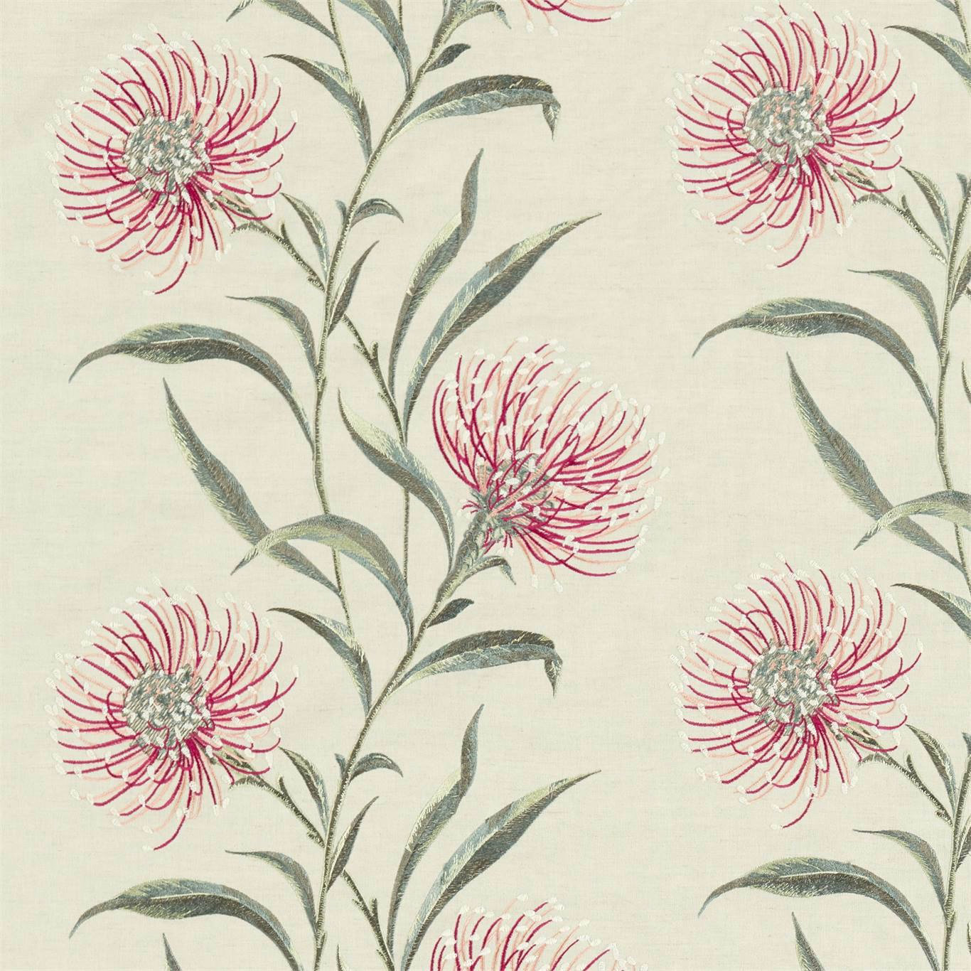 Embroidered fuchsia floral fabric with grey-green stems on a pale ground