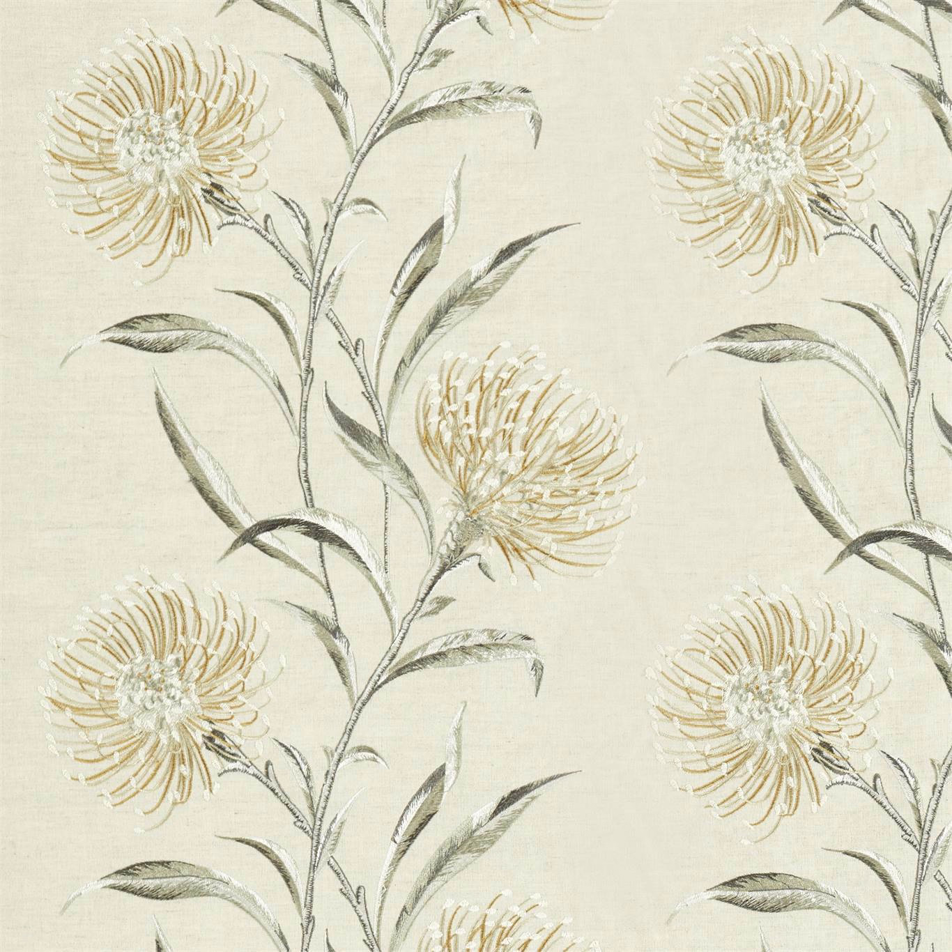 Cream embroidered floral fabric with hay-toned blooms and grey-green stems