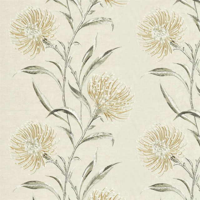 Cream embroidered floral fabric with hay-toned blooms and grey-green stems