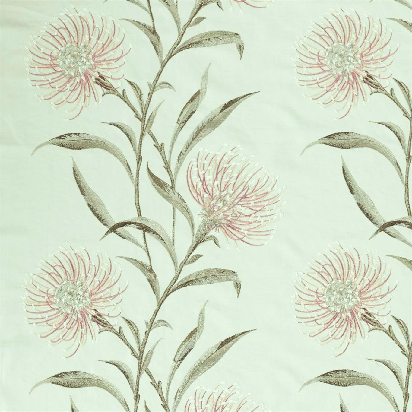 Mint green embroidered fabric with blush flower heads and trailing stems
