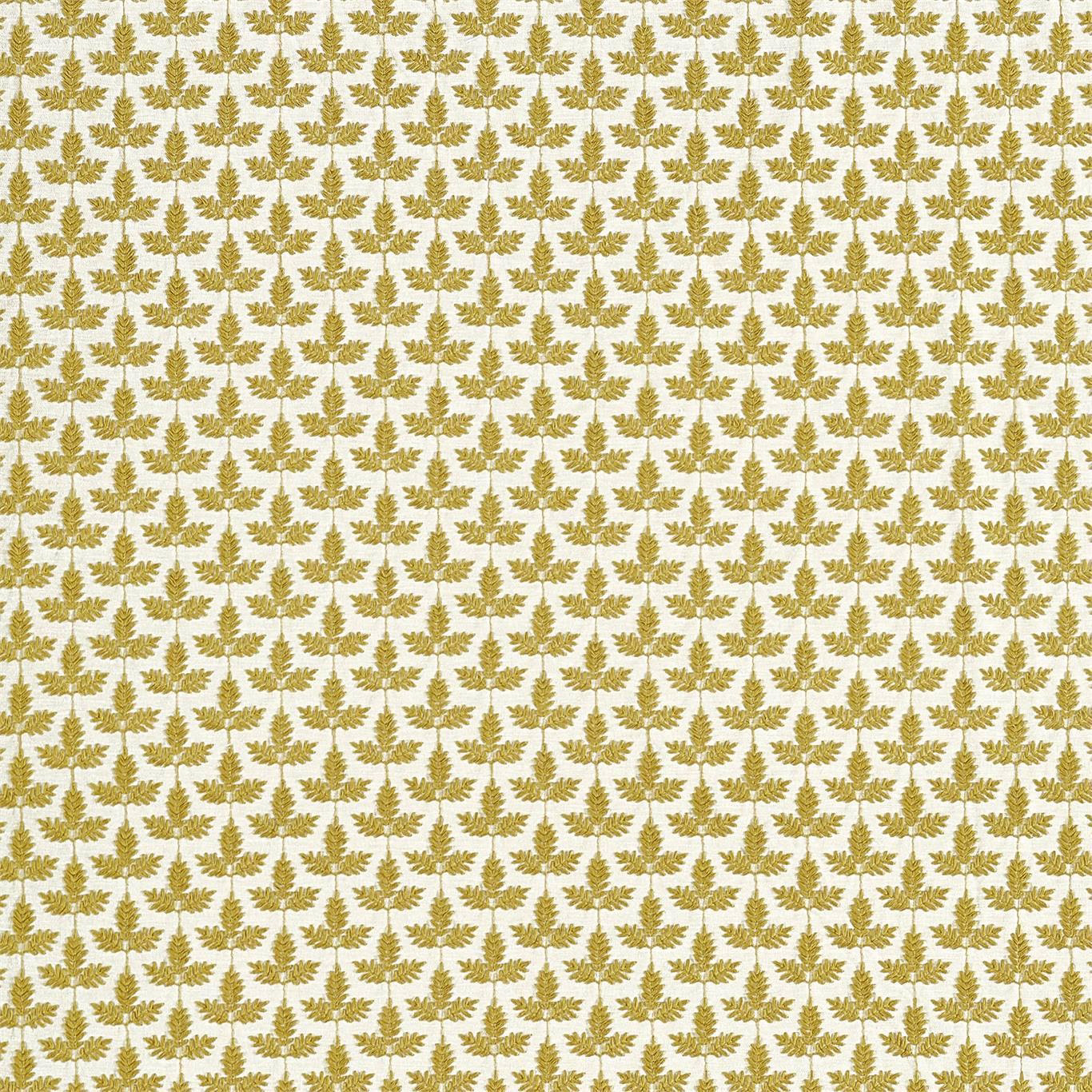 Small repeating olive-gold leaf motif on a pale ground, tightly woven fabric
