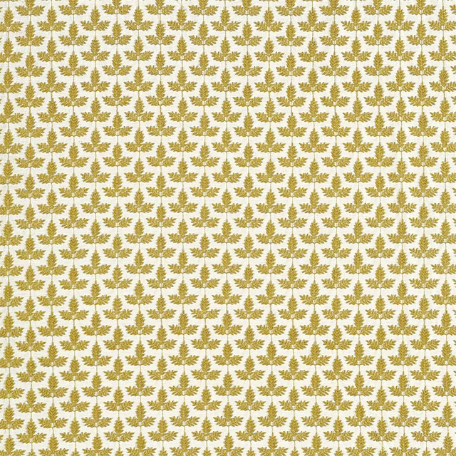 Small repeating olive-gold leaf motif on a pale ground, tightly woven fabric