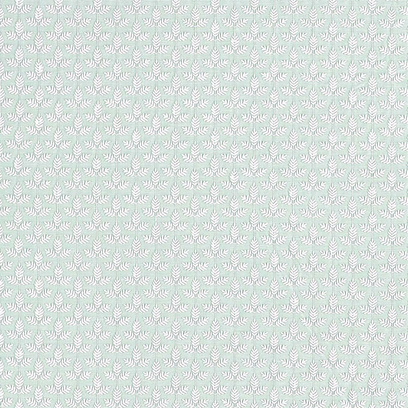 Pale robin's egg blue fabric with small white botanical leaf motif