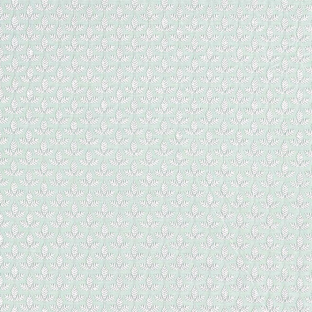 Pale robin's egg blue fabric with small white botanical leaf motif