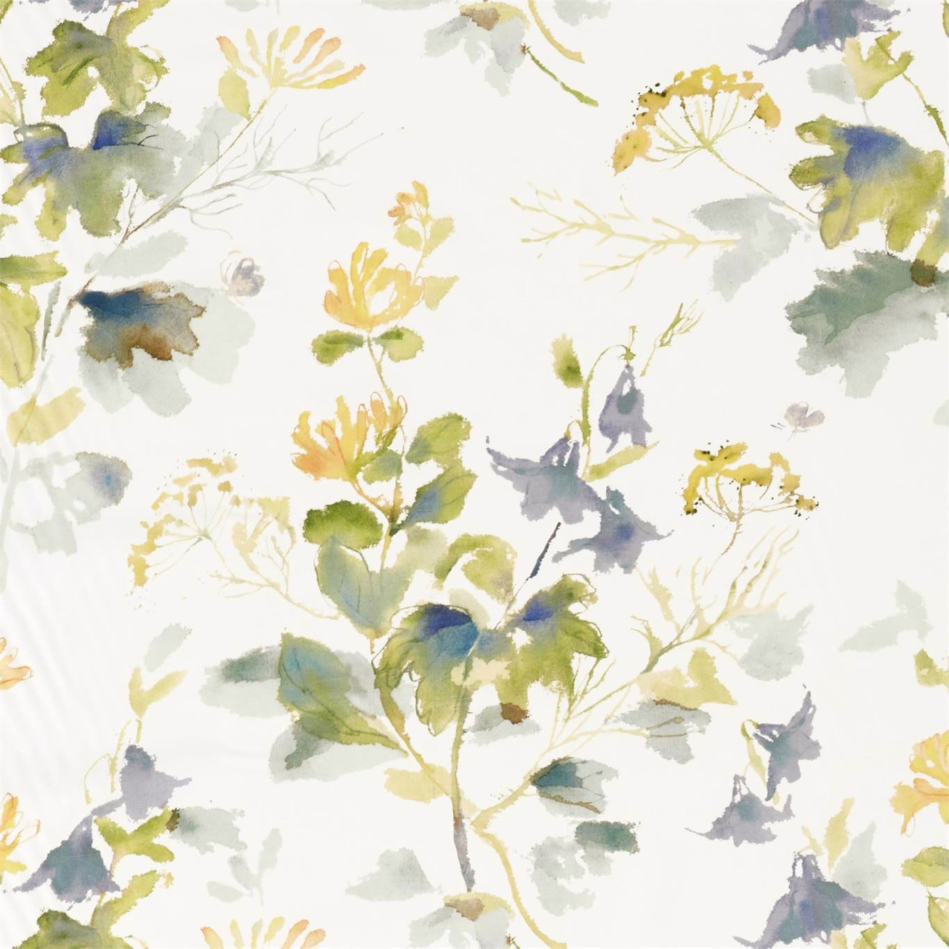 Painterly botanical fabric swatch with anise green leaves, slate blue flowers and soft yellow accents