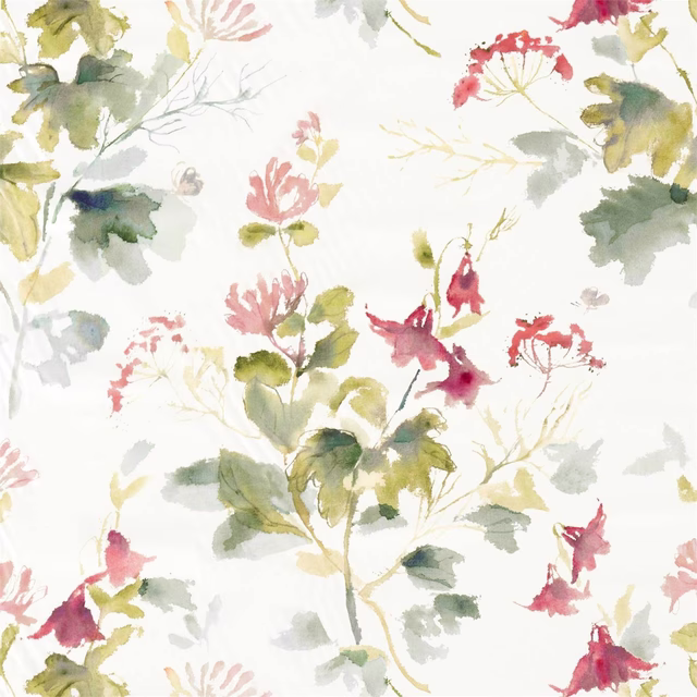 Painterly floral fabric with fuchsia, rose, sage and yellow-green leaves