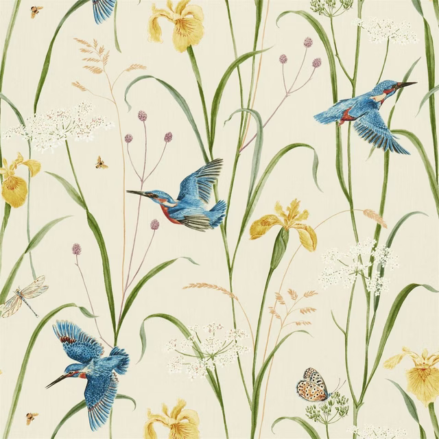 Cream fabric swatch with blue kingfishers, green stems and yellow iris
