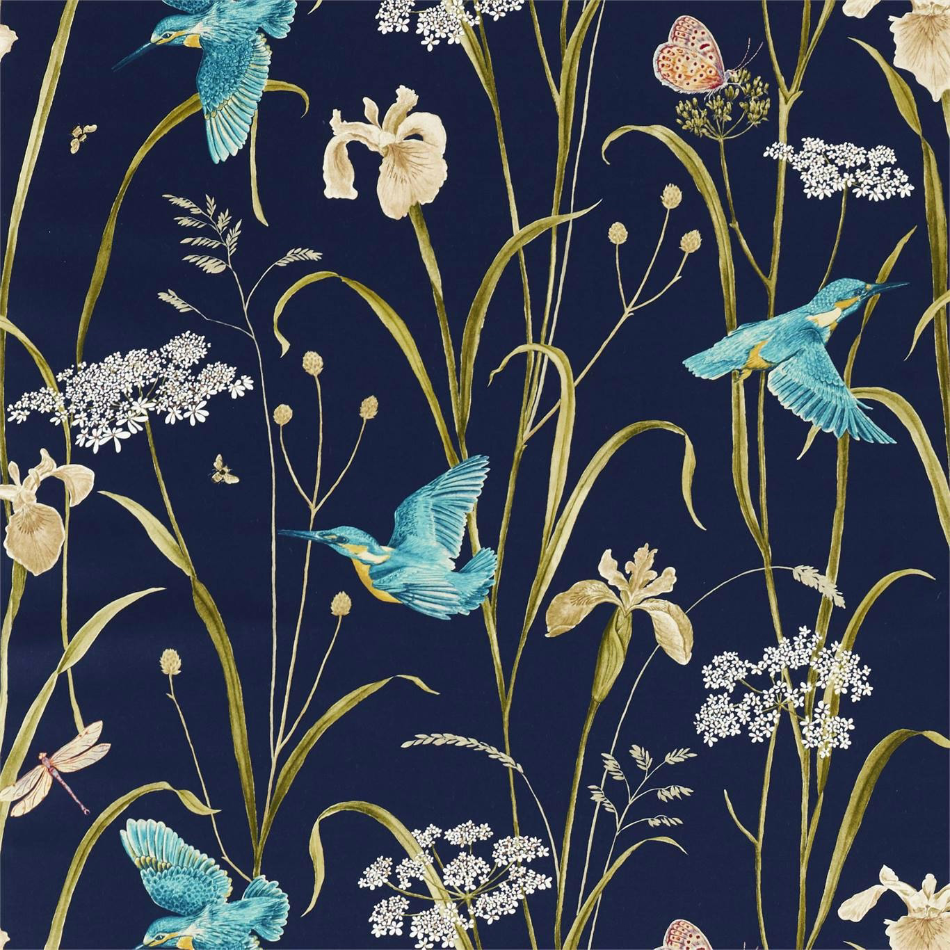 Navy botanical fabric with teal kingfishers and cream flowers