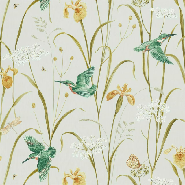 Teal kingfisher birds and amber iris flowers on a pale botanical fabric