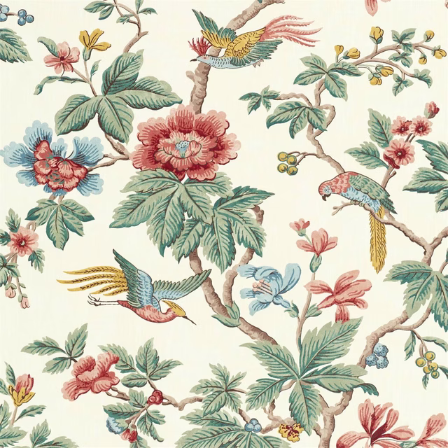 Cream floral chintz fabric with birds, blossoms and leafy branches