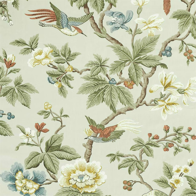 Printed fabric swatch with birds, branches and pale grey-green leaves on a cream ground