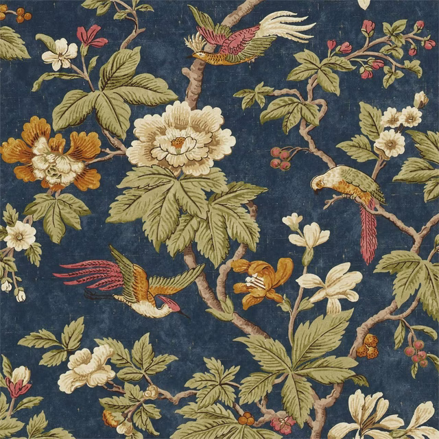 Large-scale bird and blossom print on a deep navy ground