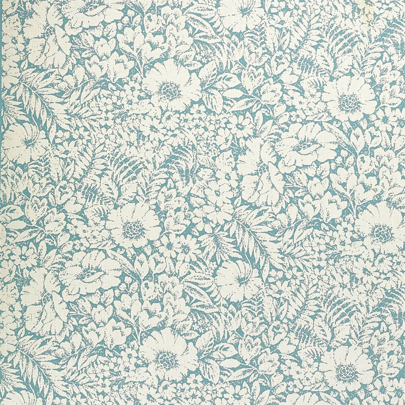 Cream floral fabric with aqua blue meadow motifs and dense leafy repeat