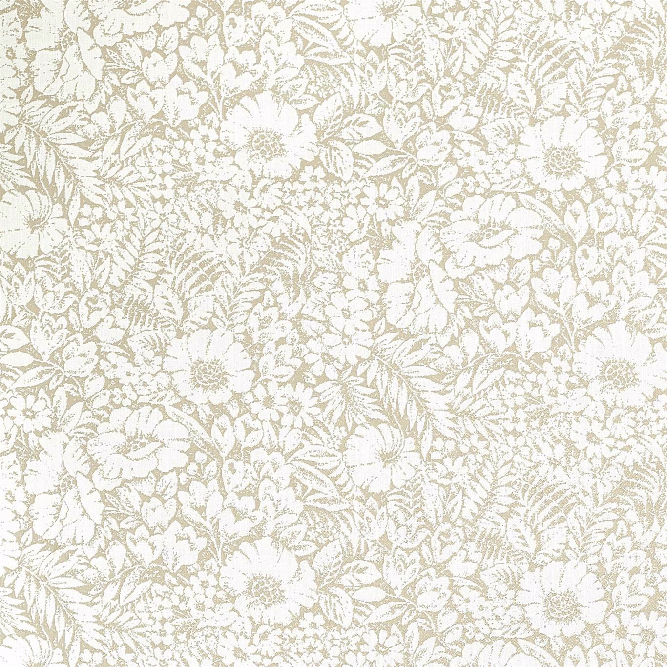 Soft oat-cream floral fabric with dense meadow pattern and pale foliage