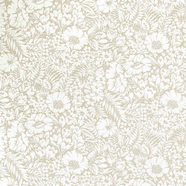 Soft oat-cream floral fabric with dense meadow pattern and pale foliage