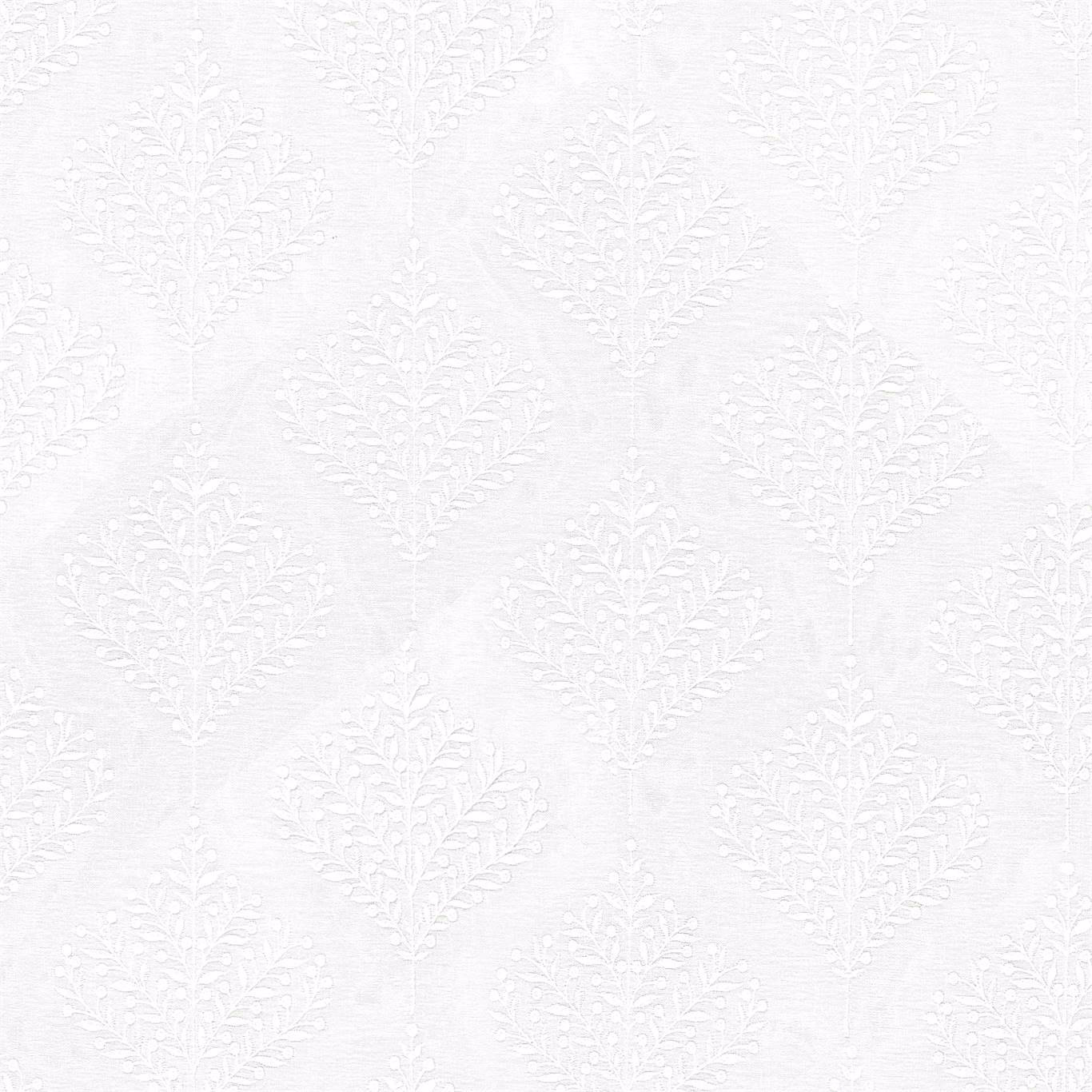 Pale chalk-white jacquard fabric with subtle leaf and branch motif