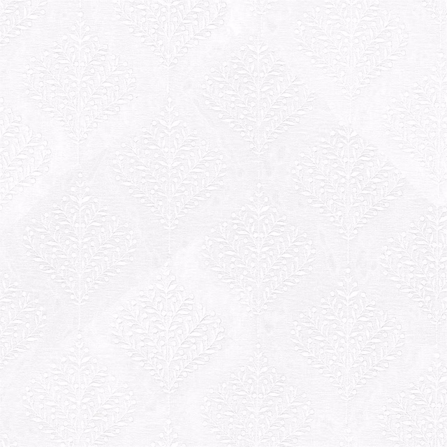 Pale chalk-white jacquard fabric with subtle leaf and branch motif