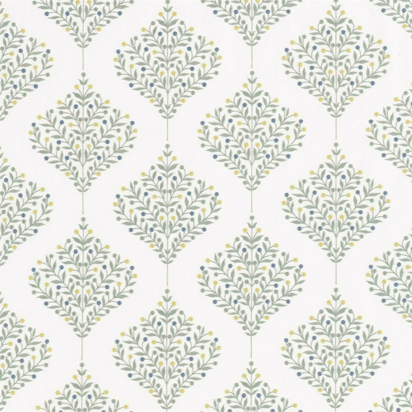 Repeating sage green leaf sprays with blue and yellow accents on white fabric