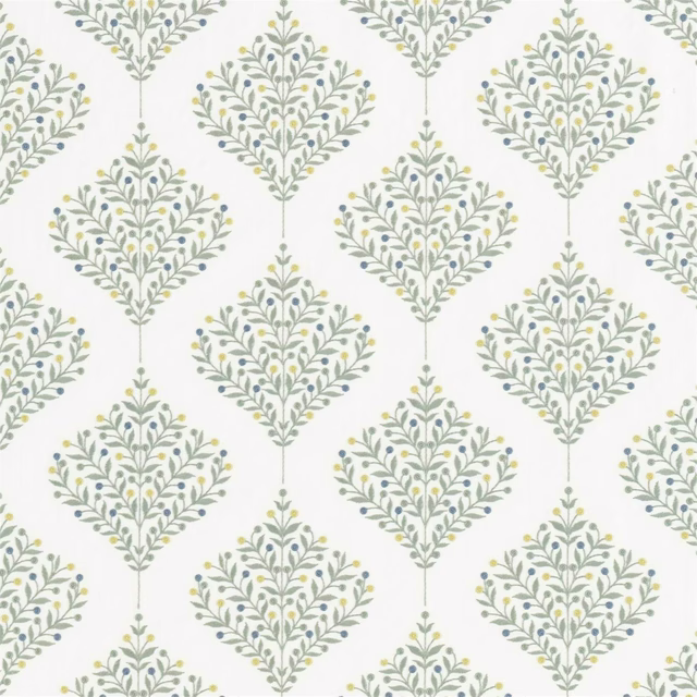 Repeating sage green leaf sprays with blue and yellow accents on white fabric