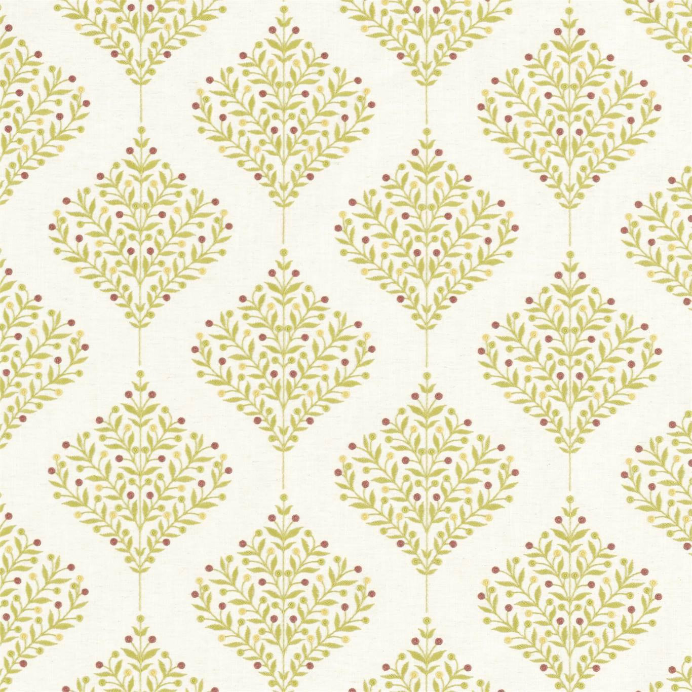 Ivory fabric with repeating lime leaf diamonds and small berry dots