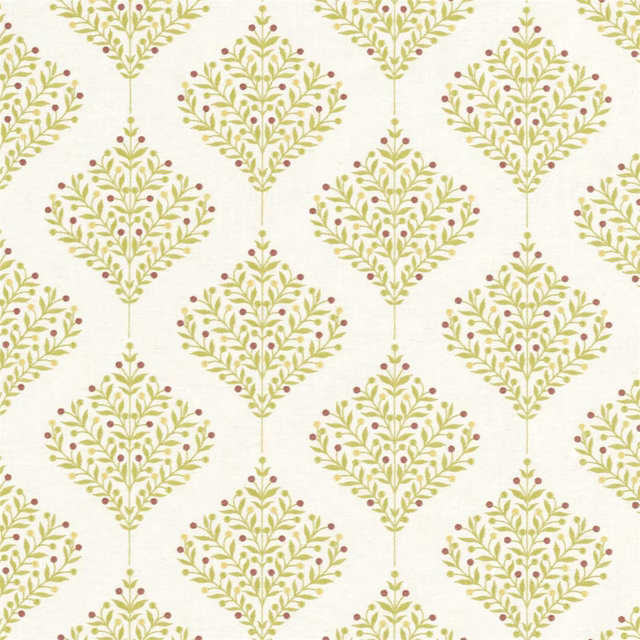 Ivory fabric with repeating lime leaf diamonds and small berry dots