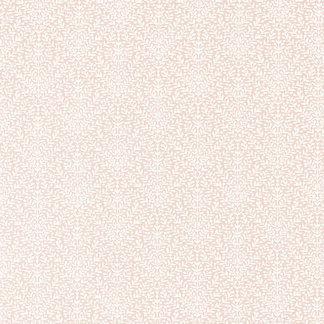 Pale shell-pink woven damask with small leaf motifs on a cream ground