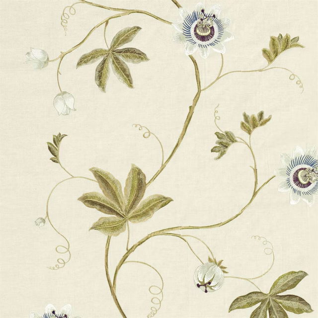 Cream fabric swatch with sage vine embroidery and passion flowers