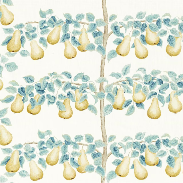 Ivory fabric swatch with repeating golden pears and aqua leaves on branches