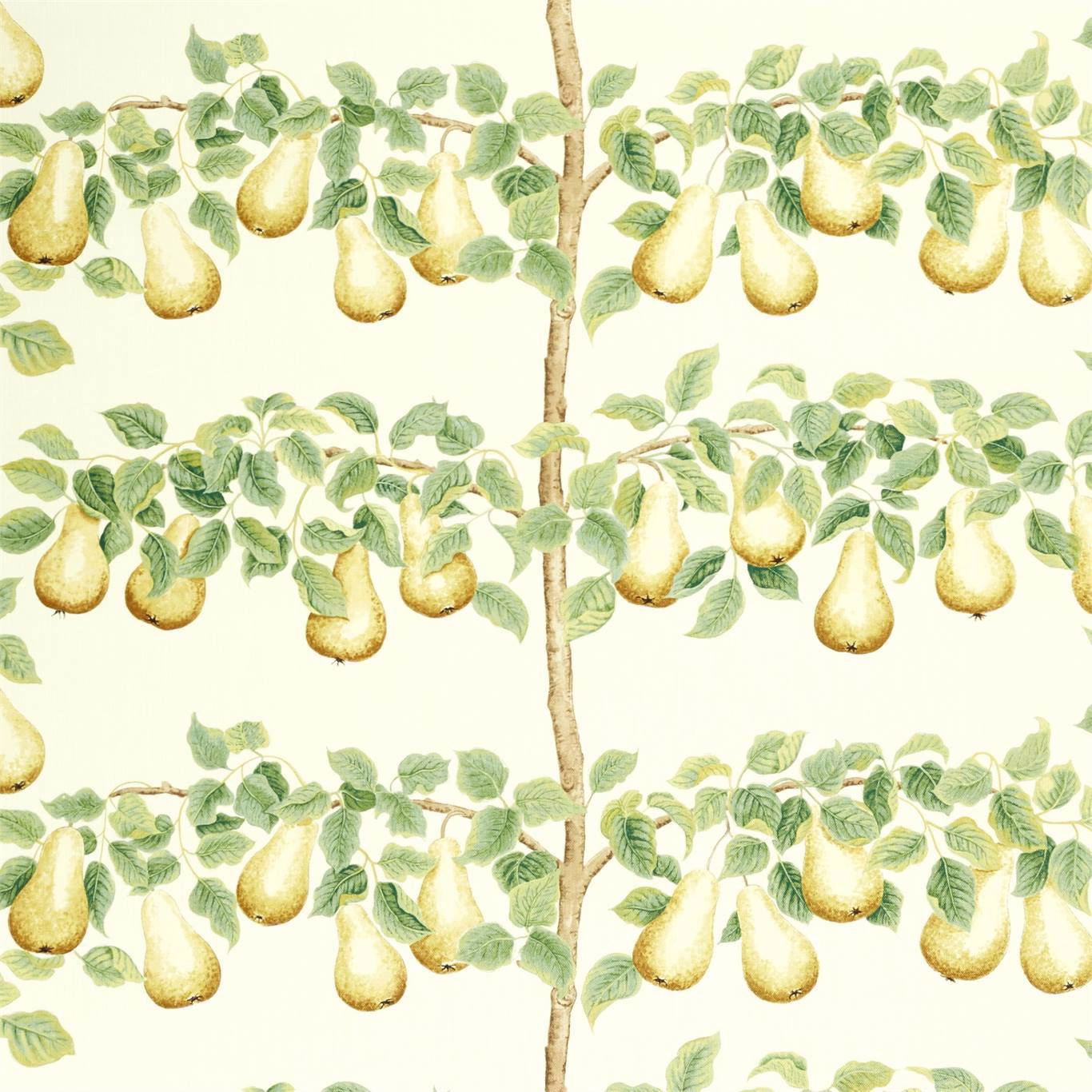 Cream fabric swatch with ochre pears and leaf-green branches