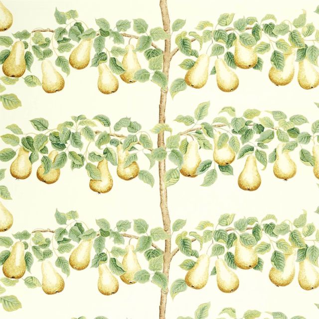 Cream fabric swatch with ochre pears and leaf-green branches