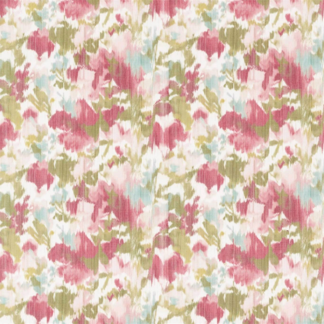 Painterly floral fabric with raspberry pink, olive and pale aqua blossoms